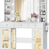 Makeup Vanity Desk With Mirror, LED Lights, Glass Top, 3 Drawers And 2 RGB Glass Cabinets, White