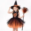 MEZZALL Child Outfit Sets Girls Witch 4 Light Up Star Witch Dress With Hat Wand Kids Halloween Party Outfit For Party Cl