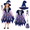 MEZZALL Child Outfit Sets Girls Witch 4 Light Up Star Witch Dress With Hat Wand Kids Halloween Party Outfit For Party Cl