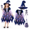 MEZZALL Child Outfit Sets Girls Witch 4 Light Up Star Witch Dress With Hat Wand Kids Halloween Party Outfit For Party Cl