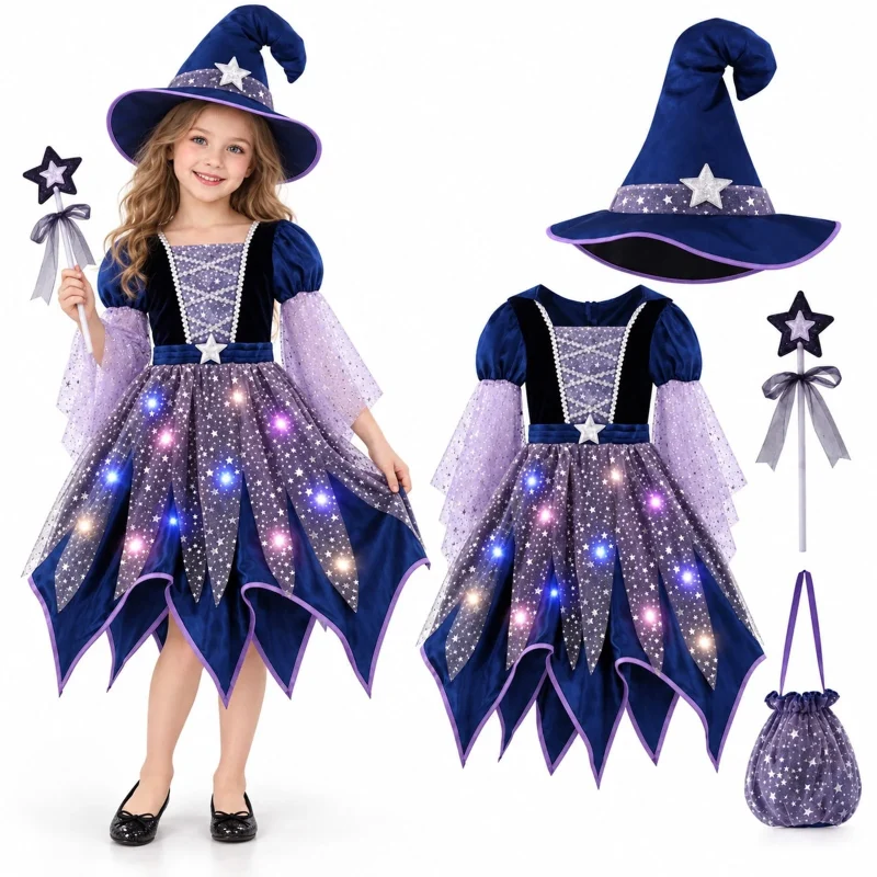 MEZZALL Child Outfit Sets Girls Witch 4 Light Up Star Witch Dress With Hat Wand Kids Halloween Party Outfit For Party Cl