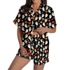 MEZZALL Women Halloween Printed Pajama With Lapel Collar Short Sleeve Tops And Shorts For Home Wear Cozy For Lightweight
