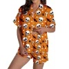 MEZZALL Women Halloween Printed Pajama With Lapel Collar Short Sleeve Tops And Shorts For Home Wear Cozy For Lightweight