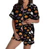 MEZZALL Women Halloween Printed Pajama With Lapel Collar Short Sleeve Tops And Shorts For Home Wear Cozy For Lightweight