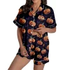 MEZZALL Women Halloween Printed Pajama With Lapel Collar Short Sleeve Tops And Shorts For Home Wear Cozy For Lightweight