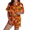 MEZZALL Women Halloween Printed Pajama With Lapel Collar Short Sleeve Tops And Shorts For Home Wear Cozy For Lightweight