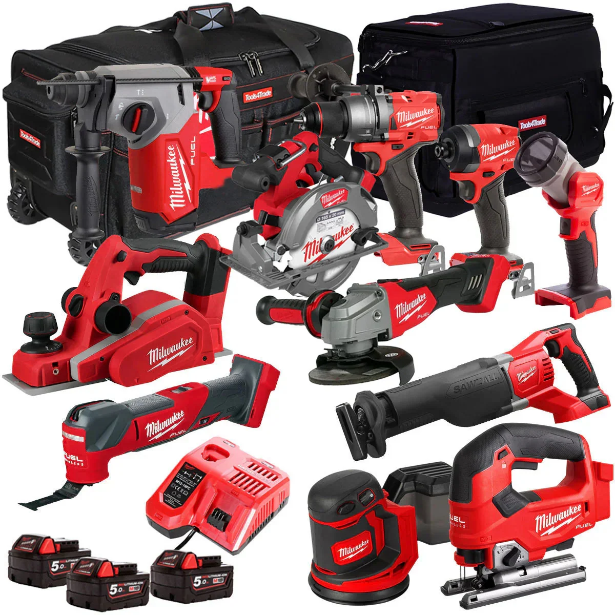Milwaukee 18V Cordless 11 Piece Tool Kit With 3 x 5.0Ah Batteries, Charger And Bag - T4TM-9