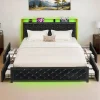 Moasis Queen Upholstered Faux Leather Platform Bed Frame With Headboard, 4 Storage Drawers, RGB LED Lights, USB-C Chargi