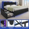 Moasis Queen Upholstered Faux Leather Platform Bed Frame With Headboard, 4 Storage Drawers, RGB LED Lights, USB-C Chargi