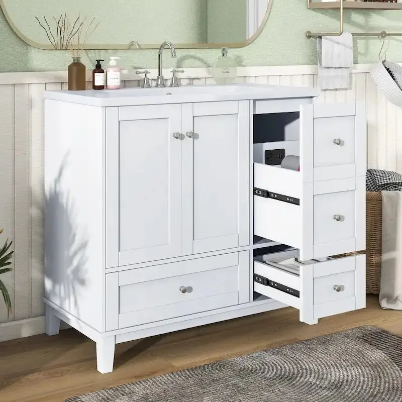 Modern Bathroom Vanity, 36 Inch, USB Charging Port, Resin Basin, Solid Wood, 3-Drawer Storage