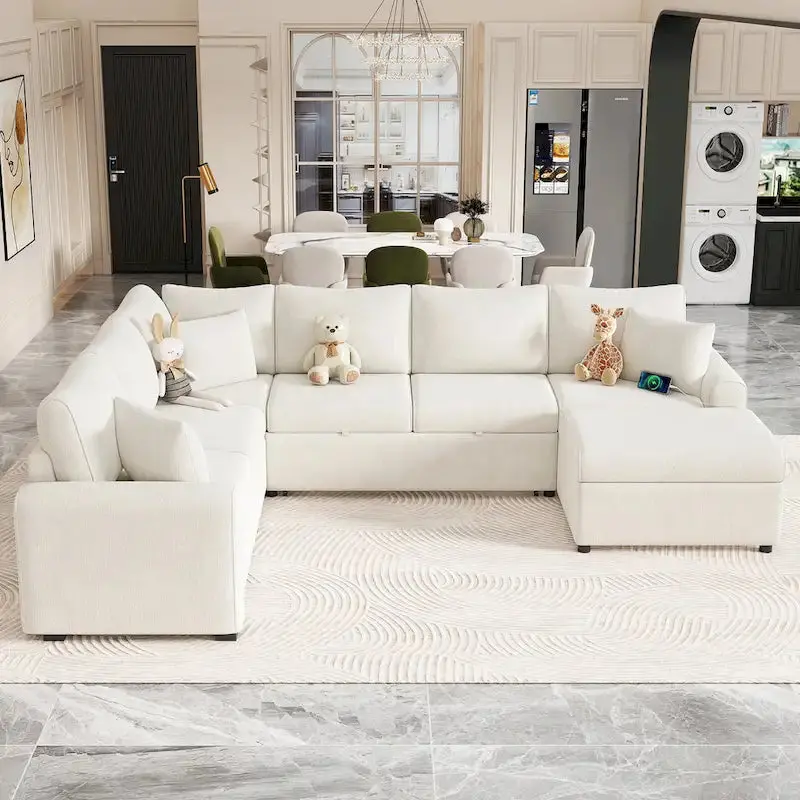 Modular Sectional Sofa Bed With Pull-Out Sleeper, Storage Ottoman, 112.2D x 86.2W x 35.8H