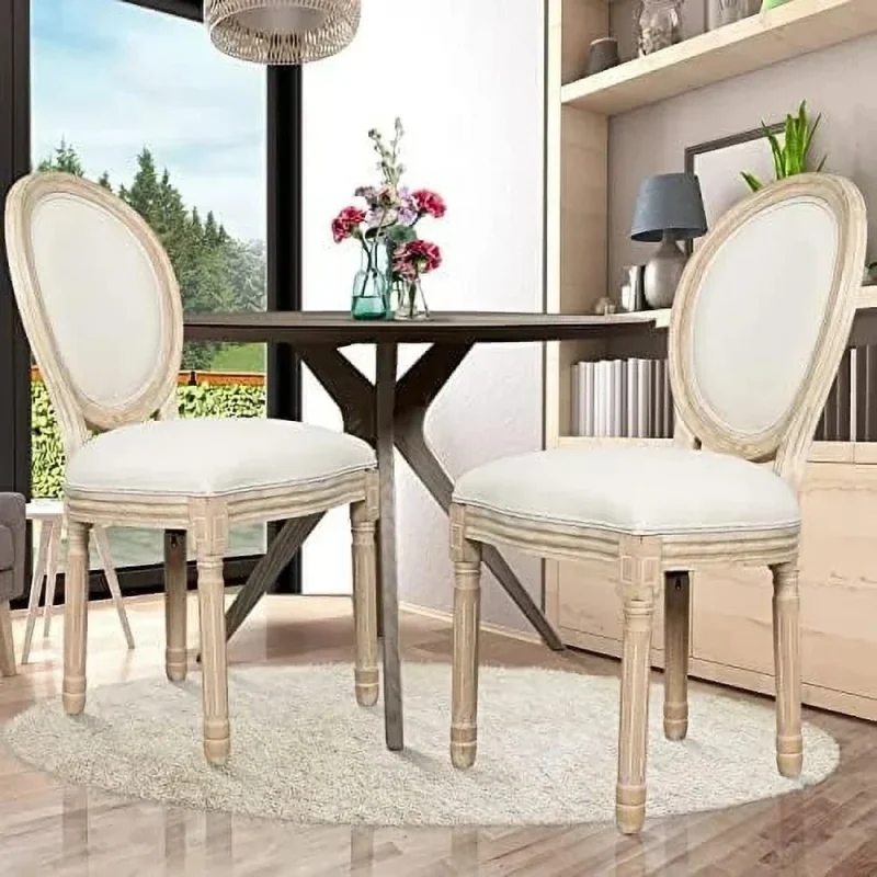 MQLIFEBOOM French Dining Chair With Oval Backrest - Linen Fabric Upholstered Solid Wood