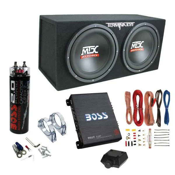 MTX Terminator Dual 12-Inch Loaded Subwoofer System With Boss Audio 1100W Mono Amplifier, Wiring Kit And 2-Farad Capacit