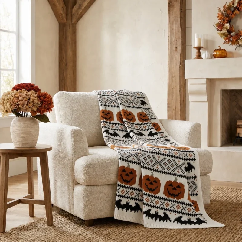 My Texas House Halloween Pumpkins and Bats Cotton Knit Throw, Multicolor, 50" x 60"