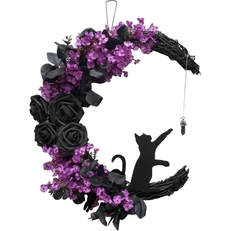Myecovie Halloween Wreath for Front Door Halloween Moon Wreath with Mini Black Cat Grapevine Wreath Halloween Door Wreat