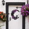 Myecovie Halloween Wreath for Front Door Halloween Moon Wreath with Mini Black Cat Grapevine Wreath Halloween Door Wreat