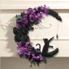 Myecovie Halloween Wreath for Front Door Halloween Moon Wreath with Mini Black Cat Grapevine Wreath Halloween Door Wreat