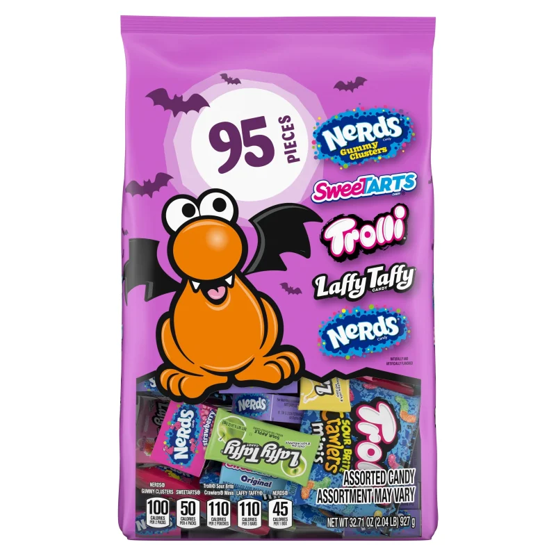 Nerds Core Winners Halloween Trick-or-Treat Variety Bag, NERDS Gummy Clusters, SweeTARTS, Trolli, Laffy Taffy, and NERDS