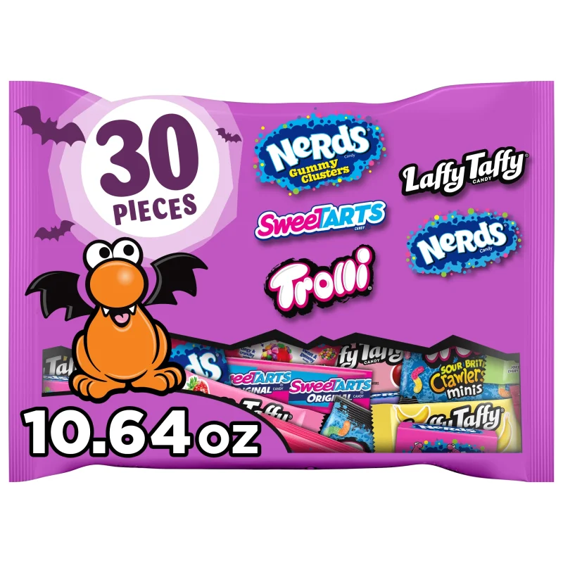Nerds Core Winners Halloween Trick-or-Treat Variety Bag, NERDS Gummy Clusters, SweeTARTS, Trolli, Laffy Taffy, and NERDS