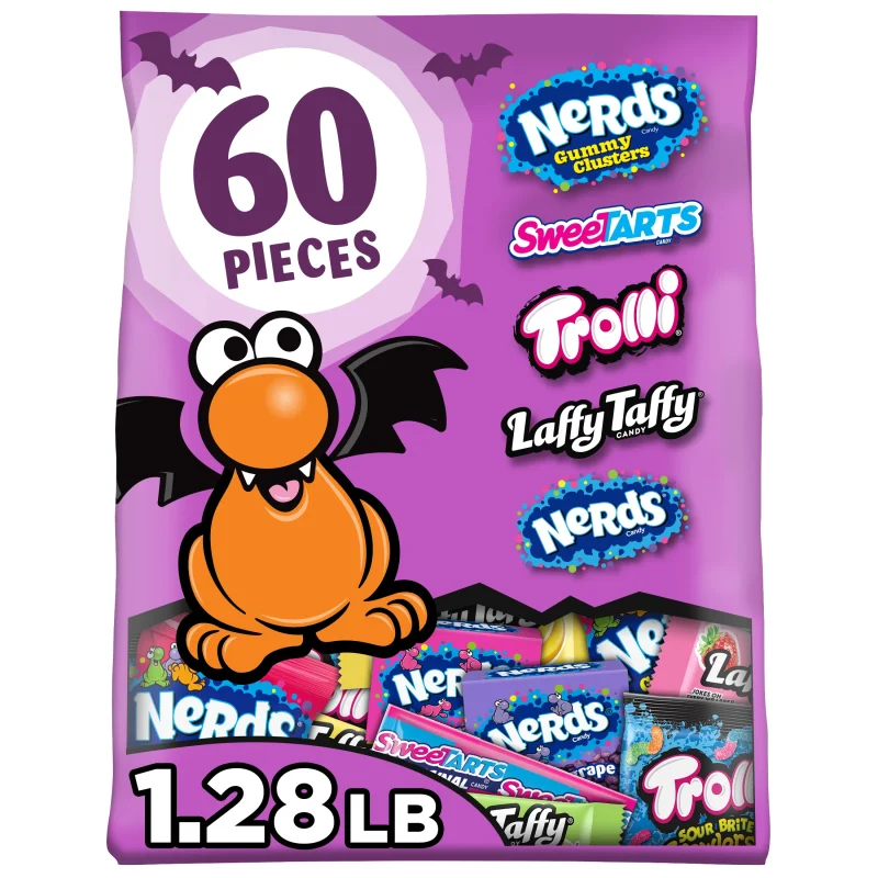 Nerds Core Winners Halloween Trick-or-Treat Variety Bag, NERDS Gummy Clusters, SweeTARTS, Trolli, Laffy Taffy, and NERDS