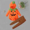 Newborn Infant Cute Jack-O-Lantern Costume Halloween Bodysuit and Striped Leggings Set Fall Holiday Fancy Dress Up Outfi