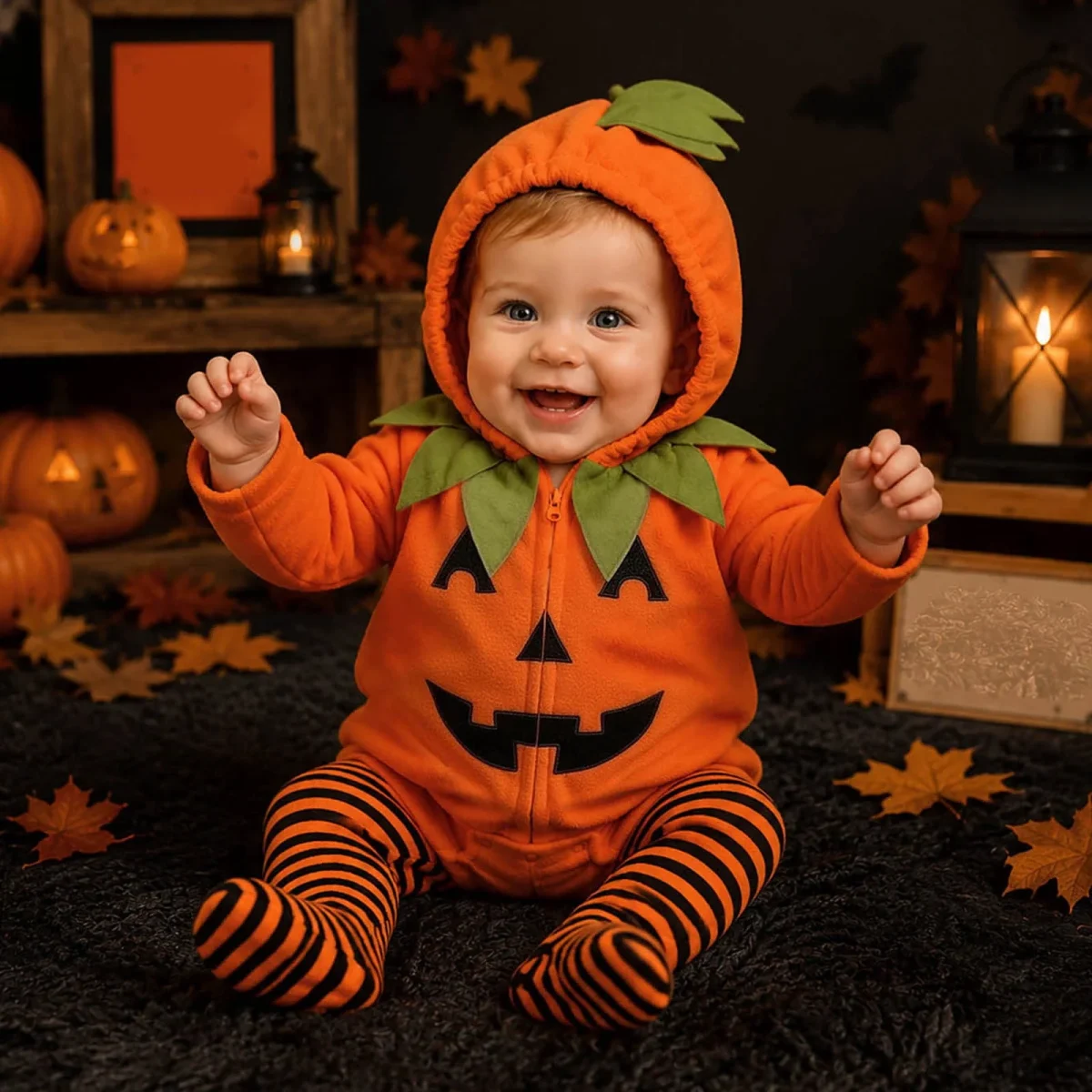Newborn Infant Cute Jack-O-Lantern Costume Halloween Bodysuit and Striped Leggings Set Fall Holiday Fancy Dress Up Outfi