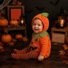 Newborn Infant Cute Jack-O-Lantern Costume Halloween Bodysuit and Striped Leggings Set Fall Holiday Fancy Dress Up Outfi