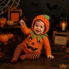 Newborn Infant Cute Jack-O-Lantern Costume Halloween Bodysuit and Striped Leggings Set Fall Holiday Fancy Dress Up Outfi