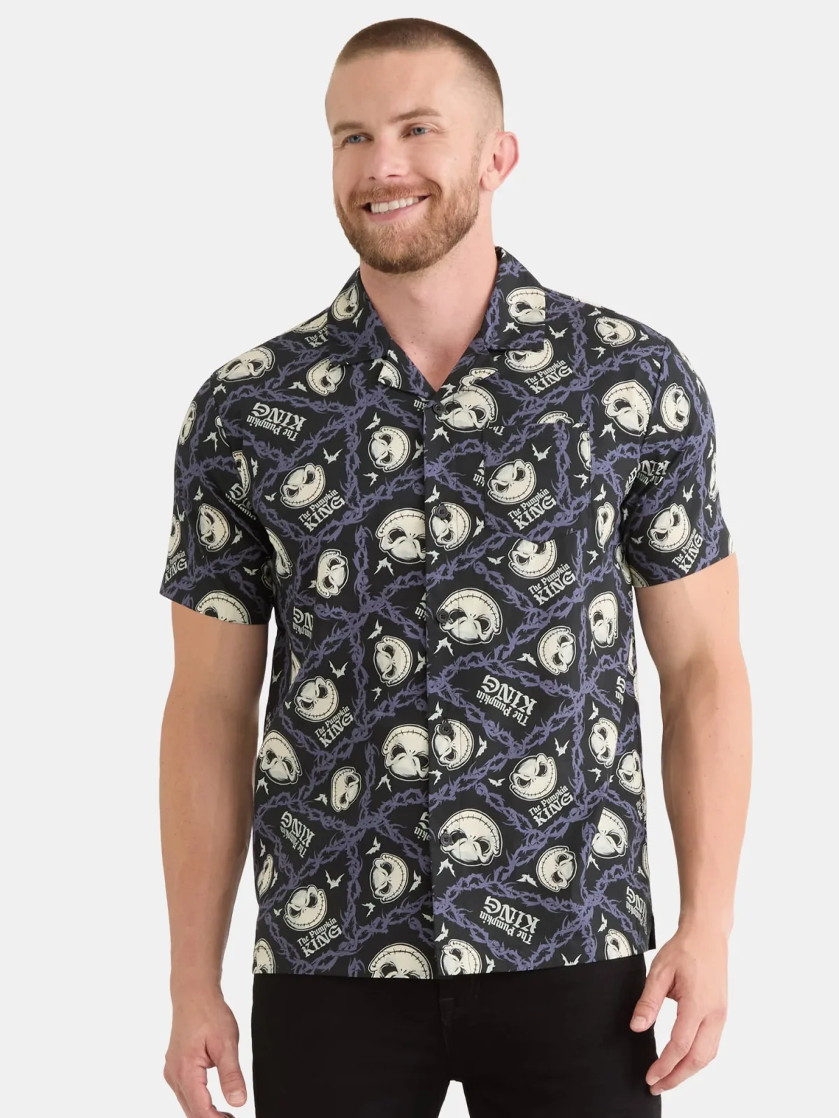 Nightmare Before Christmas Men's and Big Men's Print Button-Up Cotton Shirt with Short Sleeves, Sizes XS-3XL