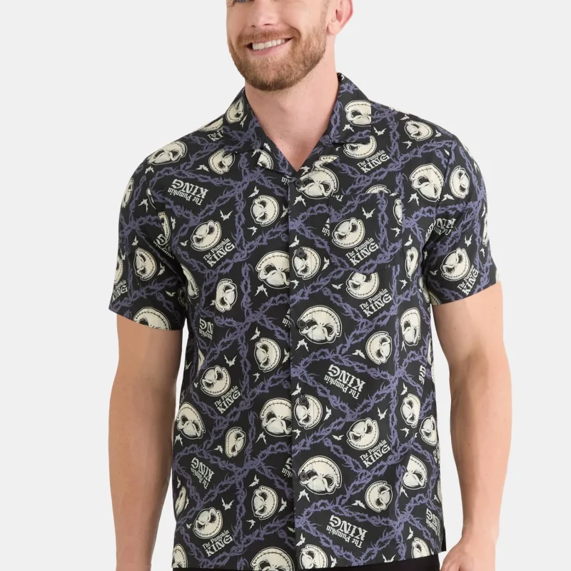 Nightmare Before Christmas Men's and Big Men's Print Button-Up Cotton Shirt with Short Sleeves, Sizes XS-3XL