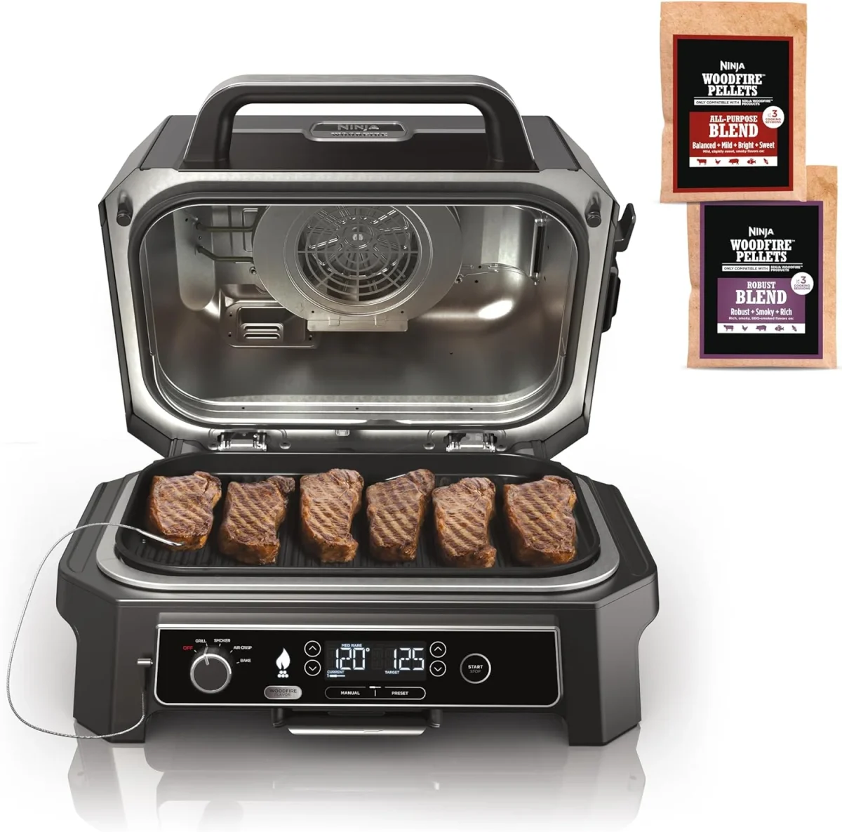 Ninja Outdoor Woodfire Pro XL 4-in-1 Grill BBQ Smoker Air Fryer & Bake, Dark Grey - OG850