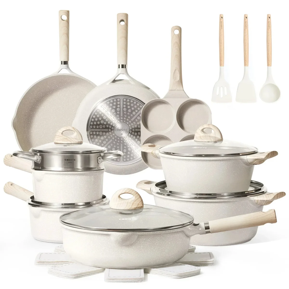 Nonstick Granite Kitchen Cookware Set, 21-Piece, Beige, Induction