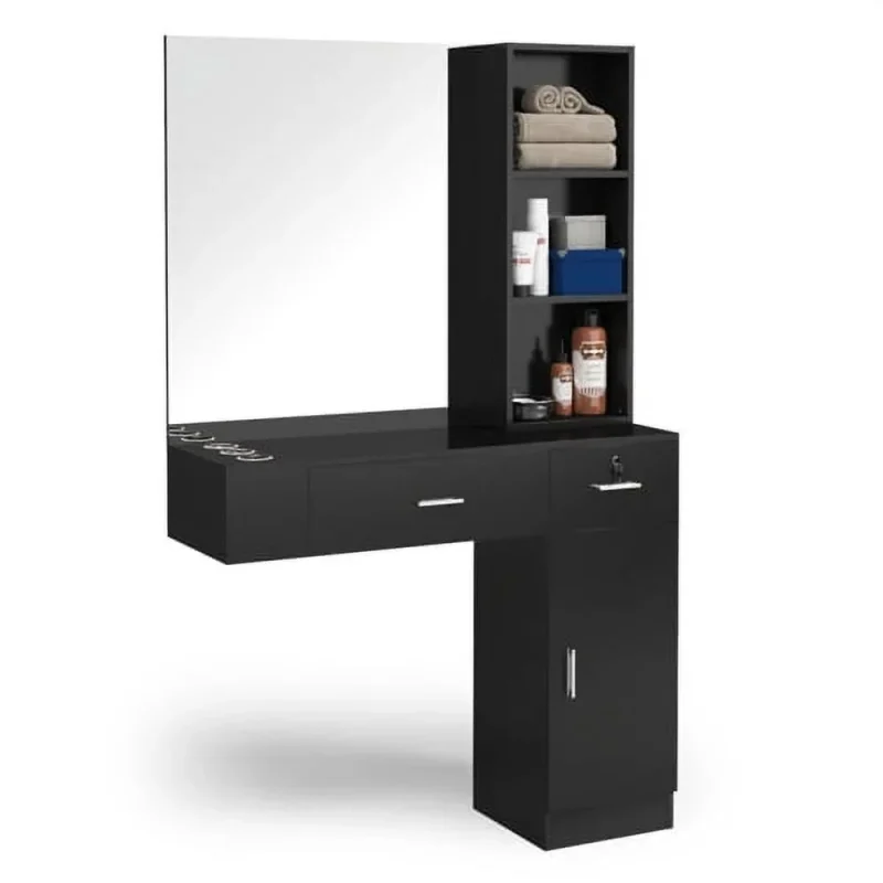 OmySalon Wall Mount Salon Station With Mirror, 1 Storage Cabinet, 2 Drawers And 3-Tier Shelf - Black