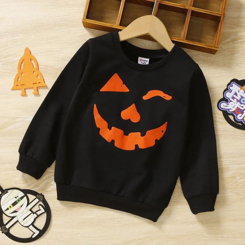 PatPat Halloween Clothes Toddler Boys Girls Sweatshirts Hoodies Pumpkin Face Kids Pullover Long Sleeve Graphic Tees