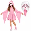 Pink Glitter Ghost Halloween Costume for Girls, Hooded Cosplay Dress with Mask, Spooky Horror Party Outfit
