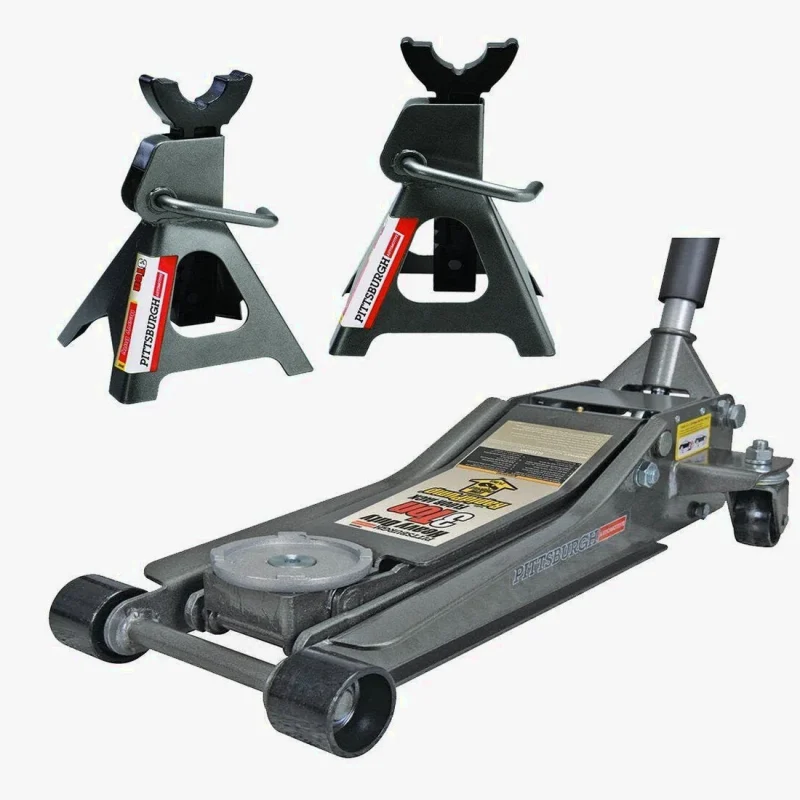 Pittsburg 3 Ton Low Profile Steel Floor Jack And Jack Stands Set Combo - Rapid Pump Quick Lift