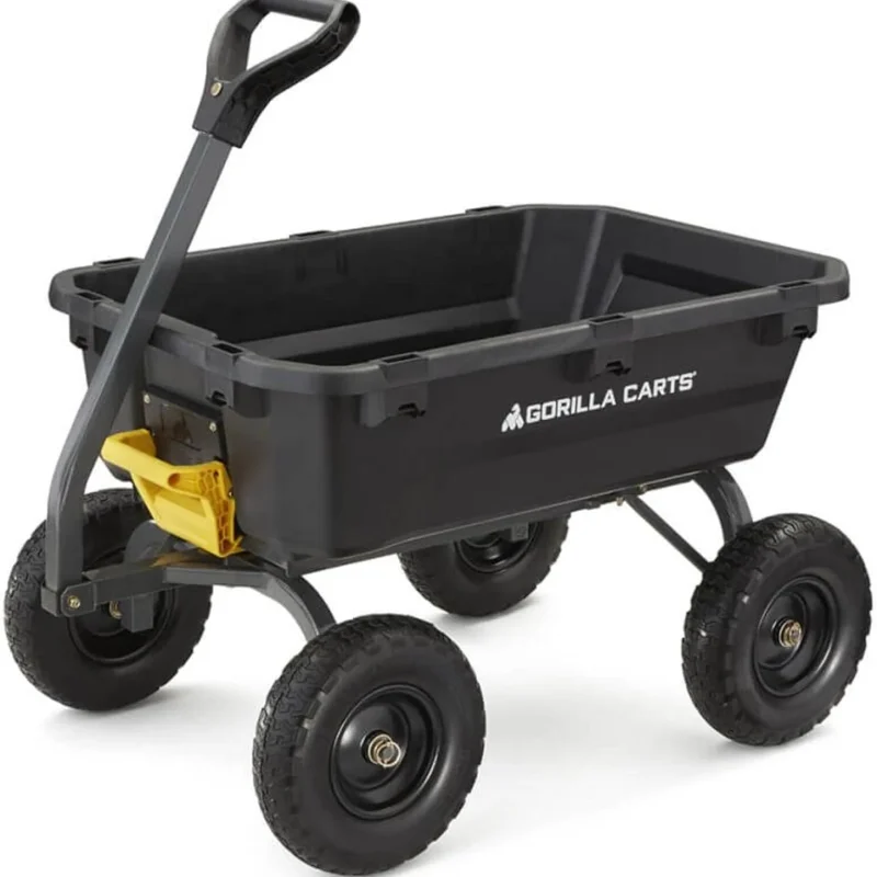 Poly Dump Garden Cart With No-Flat Tires And Serrated Shovel, 7 Cubic Feet, 1,200 lb Capacity, Black