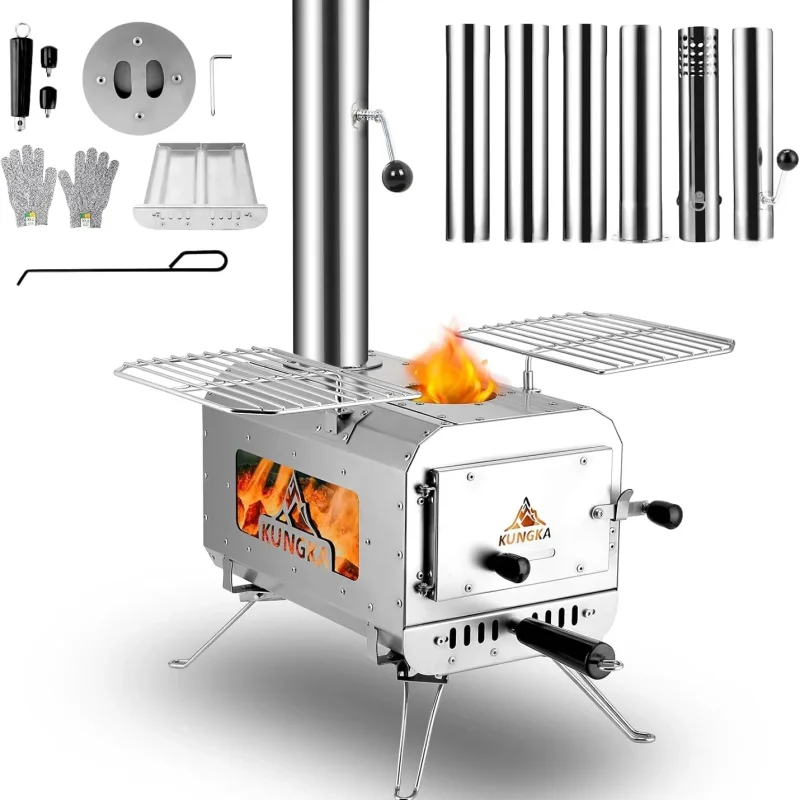 Portable Wood-Burning Tent Stove, 7.3 Foot Tall, Stainless Steel, 6 Chimney Pipes