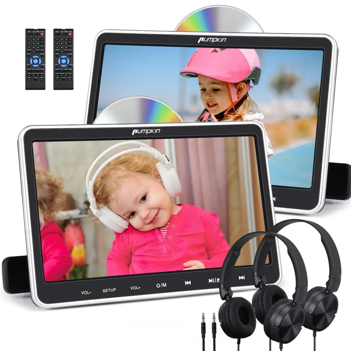 Pumpkin 10.1in Dual Headrest Car DVD Players With Headphones, 2 Mount Brackets, HDMI Input, Region Free And Last Memory