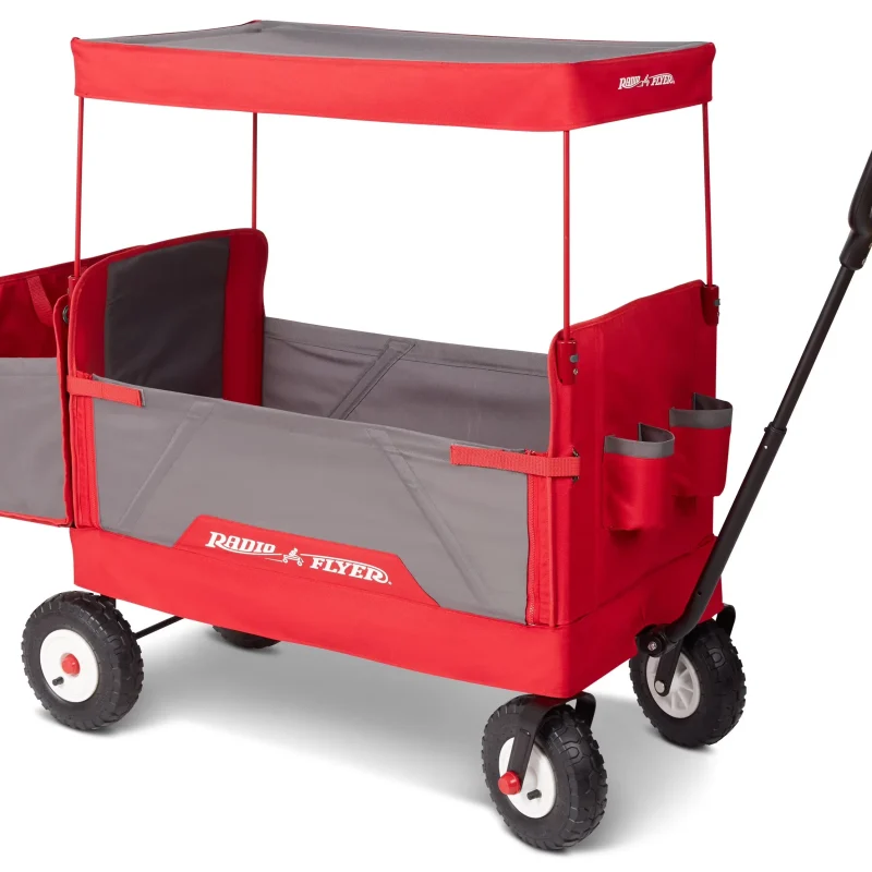 Radio Flyer 3-in-1 All-Terrain EZ Fold Wagon With Canopy, Red And Gray, Air Tires