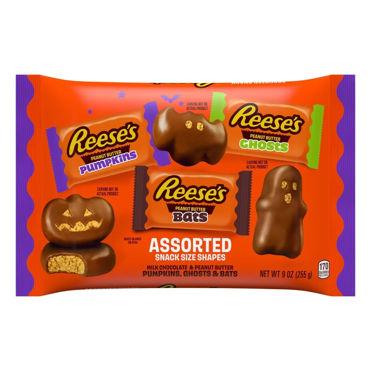 Reese's Assorted Milk Chocolate Snack Size Peanut Butter Shapes, Halloween Candy Bag, 9 oz