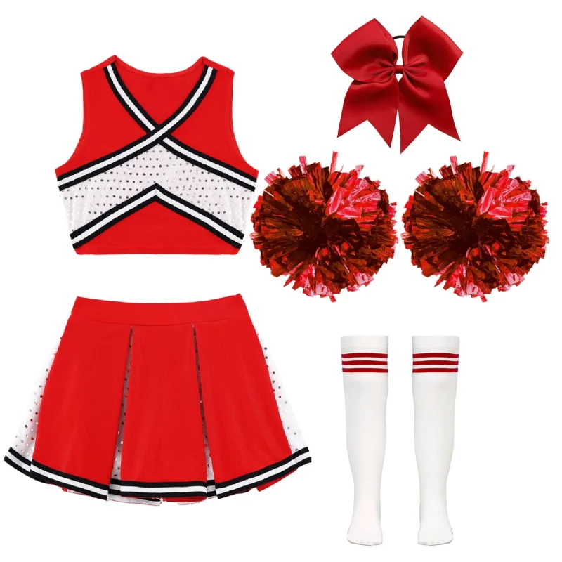 renvena irls Cheer Dance Costume Halloween Sleeveless Crop Top Pleated Skirt Cheerleading Uniform Dress A Red 8