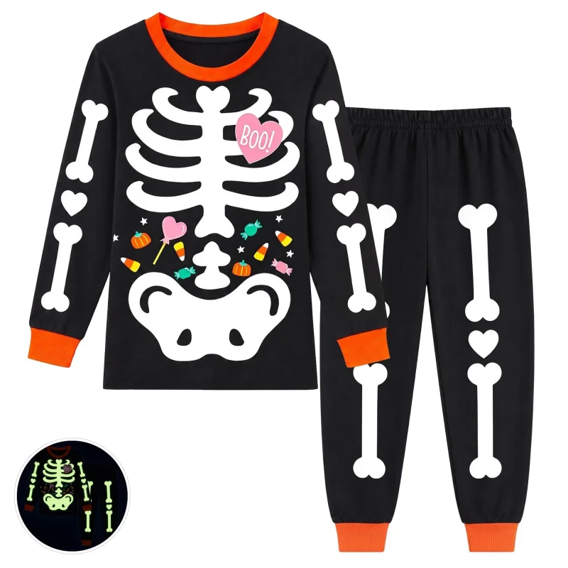 Rimyaw Kids Halloween Pajamas Set, Glow in the Dark Skeleton Sleepwear, 2-Piece cottom Long Sleeve PJs for Boys and Girl