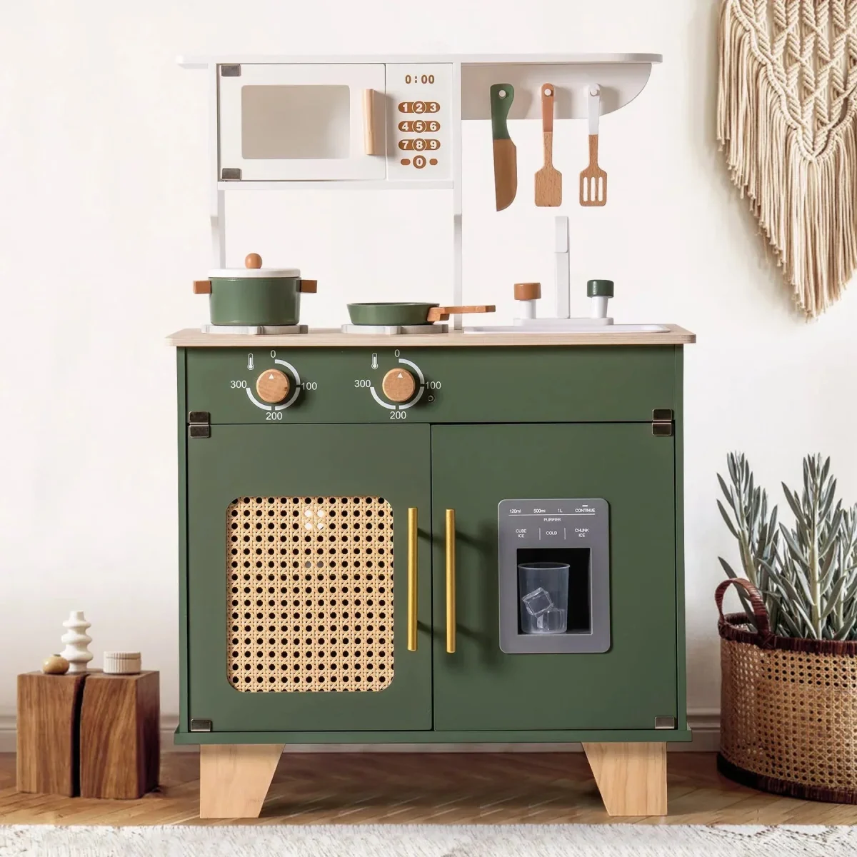 Robud Wooden Kids Kitchen Play Set With Ice Maker, Vintage Green, Ages 3+ - 21.65 x 11.65 x 31.5 in