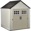 Rubbermaid Resin Outdoor Garden Storage Shed With Windows And Utility Hooks, Sand - 7x7 Ft