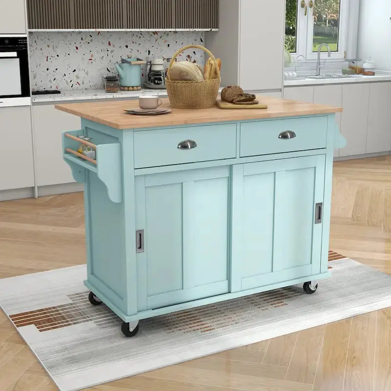 Rubberwood Kitchen Island Cart With Drop-Leaf Countertop, Concealed Barn Door Storage And 4 Locking Casters - 52.2 x 30.