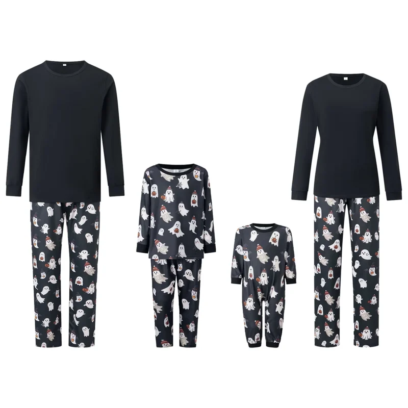 RUINIXCW Family Matching Halloween Ghost Pajama Set Black Long Sleeve Sleepwear for Trick or Treat Party Holiday Photos
