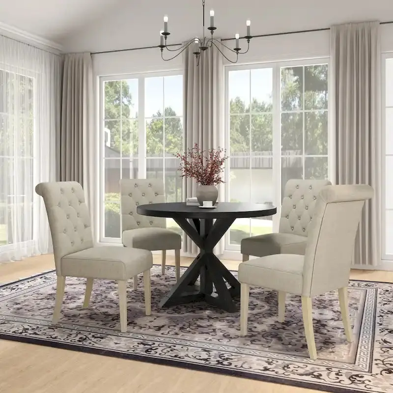 Rustic Wooden 5-Piece Dining Set With Round Cross-Buck Pedestal Table And 4 Tufted Upholstered Chairs - 47.25 x 47.25 x