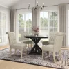 Rustic Wooden 5-Piece Dining Set With Round Cross-Buck Pedestal Table And 4 Tufted Upholstered Chairs - 47.25 x 47.25 x