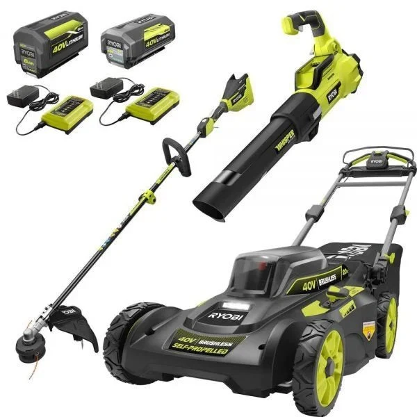 RYOBI 40V Brushless 20 in Self-Propelled Mower, String Trimmer & Leaf Blower Kit With 2 Batteries, 2 Chargers - RY401120